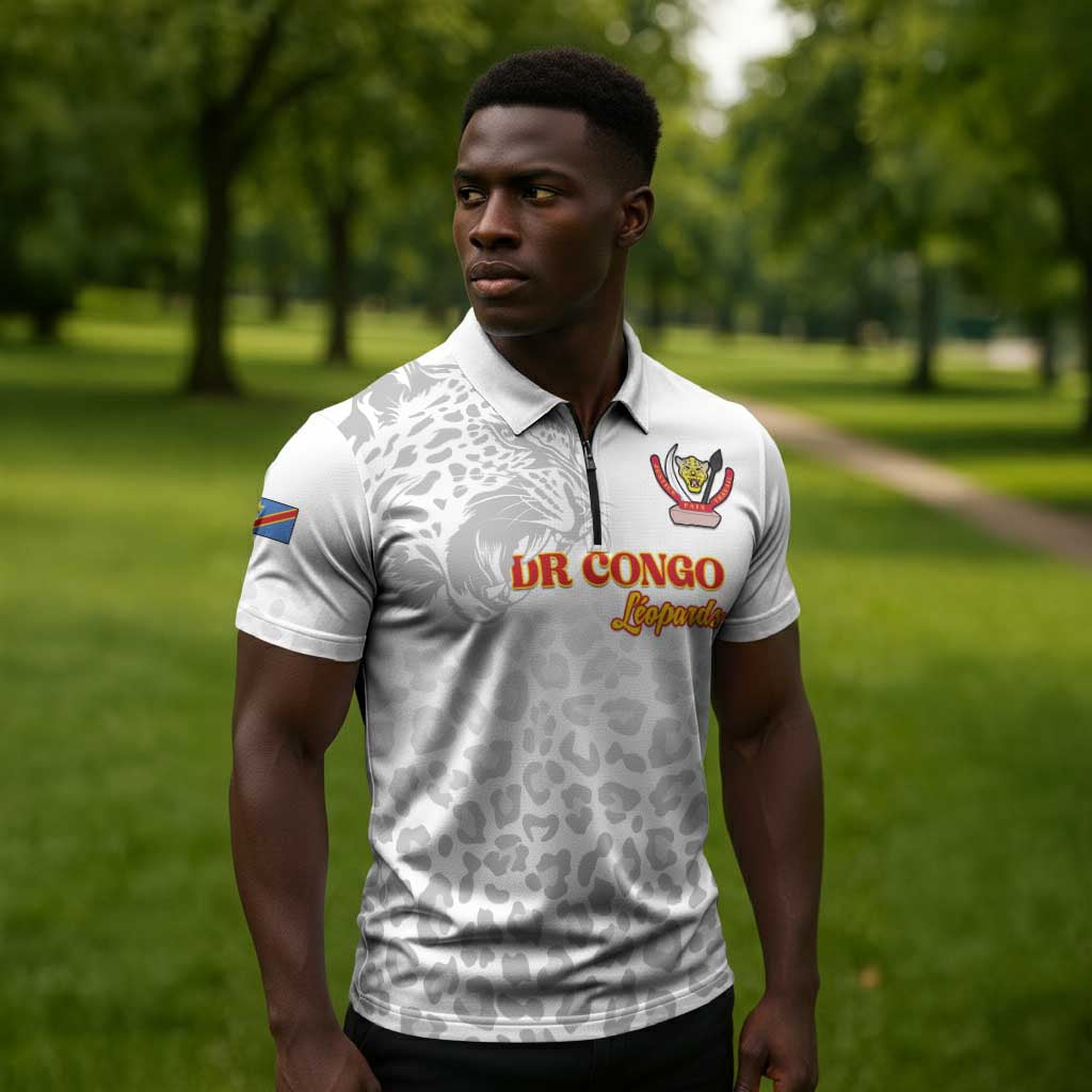 Custom DR Congo Football Zipper Polo Shirt Go Champions Leopards - White