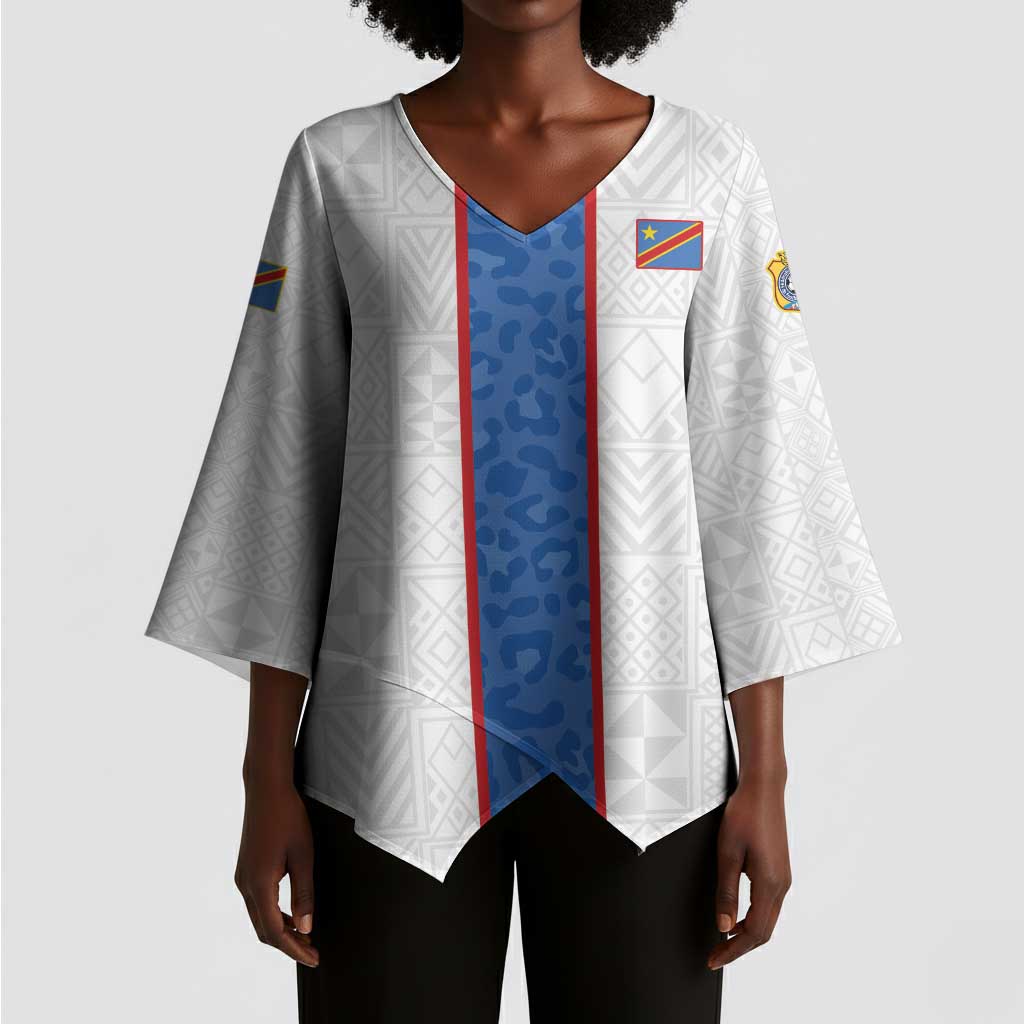 Custom DR Congo Football Kimono Sleeve Blouse Leopards Mix Kuba Raffia Pattern