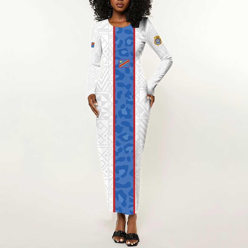 Afro DR Congo Football Custom Long Sleeve Bodycon Dress Leopards Never Give Up - African Pride