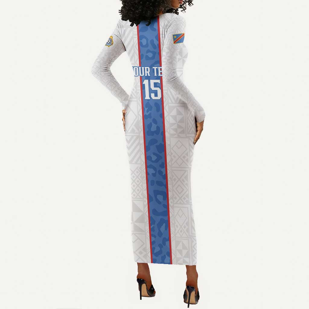 Afro DR Congo Football Custom Long Sleeve Bodycon Dress Leopards Never Give Up - African Pride