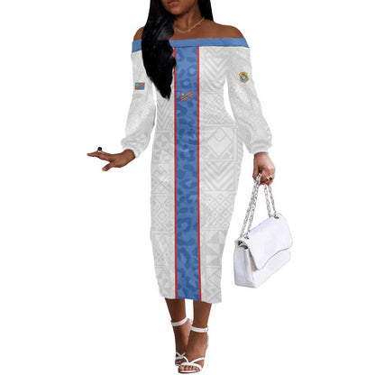 Afro DR Congo Football Custom Off The Shoulder Long Sleeve Dress Leopards Never Give Up - African Pride