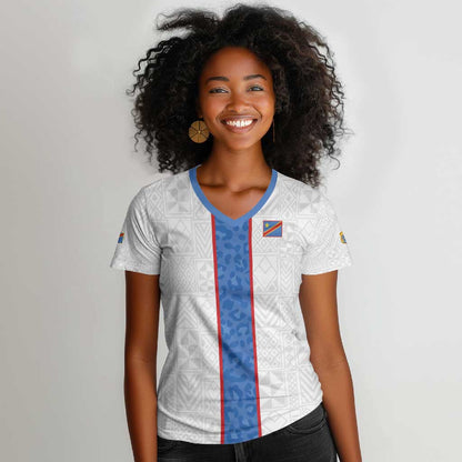 Afro DR Congo Football Custom Women V-Neck T-Shirt Leopards Never Give Up - African Pride