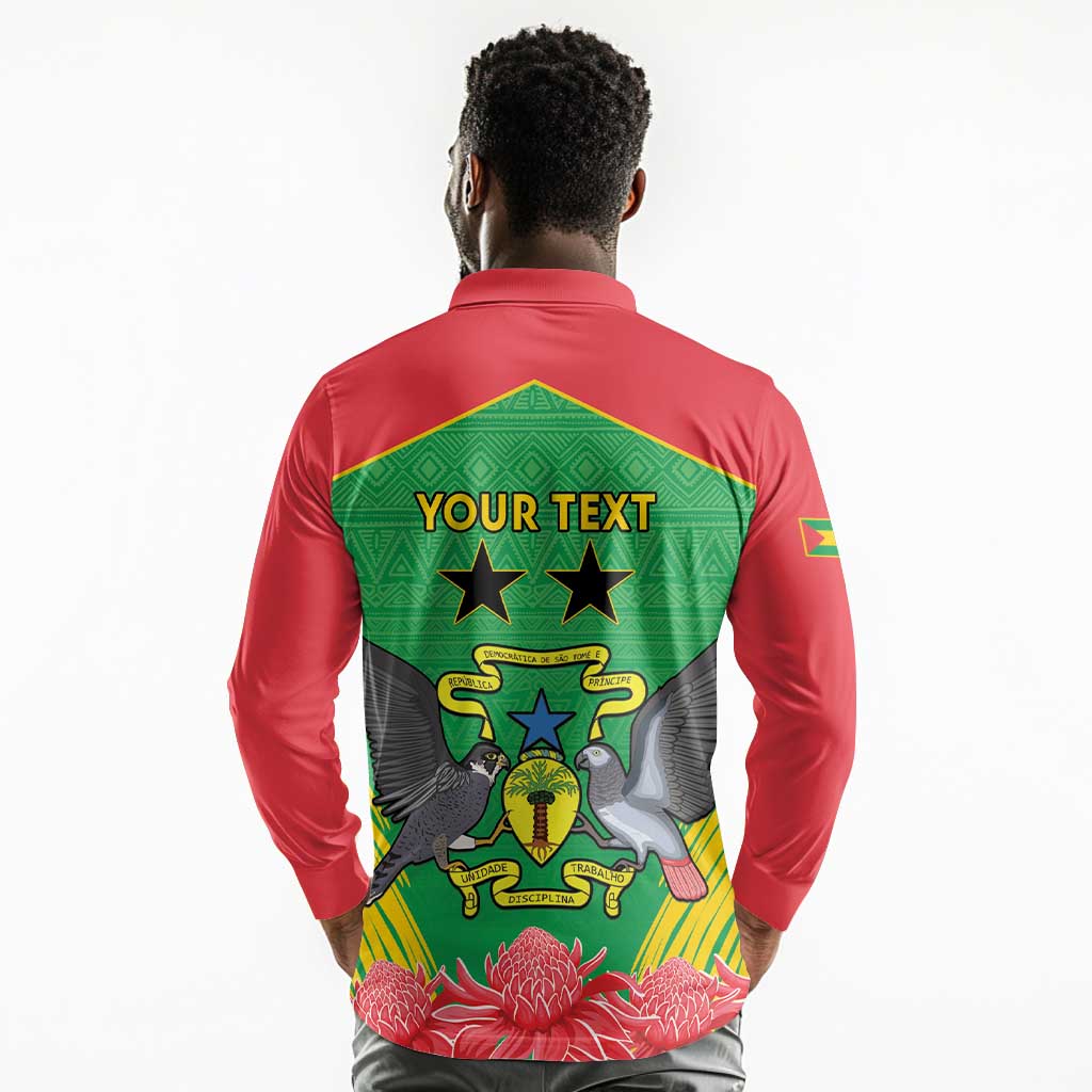 Personalized Afro Sao Tome and Principe Long Sleeve Polo Shirt Coat Of Arms - African Pattern