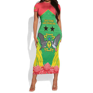 Personalized Afro Sao Tome and Principe Short Sleeve Bodycon Dress Coat Of Arms - African Pattern LT15