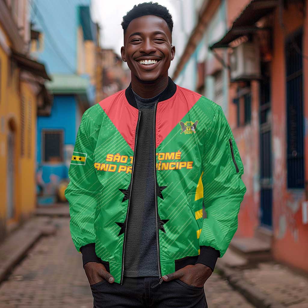 Sao Tome and Principe Football Custom Sleeve Zip Bomber Jacket Sporty Style - Green Color