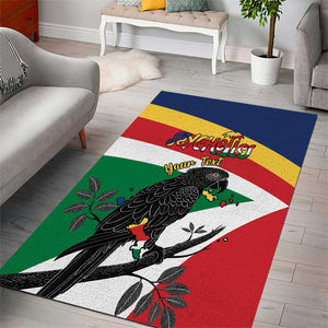 Personalized Happy Seychelles Independence Day Area Rug Black Parrot Coat Of Arms