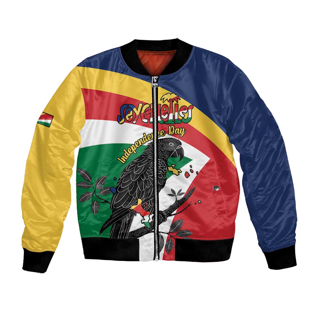 Personalized Happy Seychelles Independence Day Bomber Jacket Black Parrot Coat Of Arms