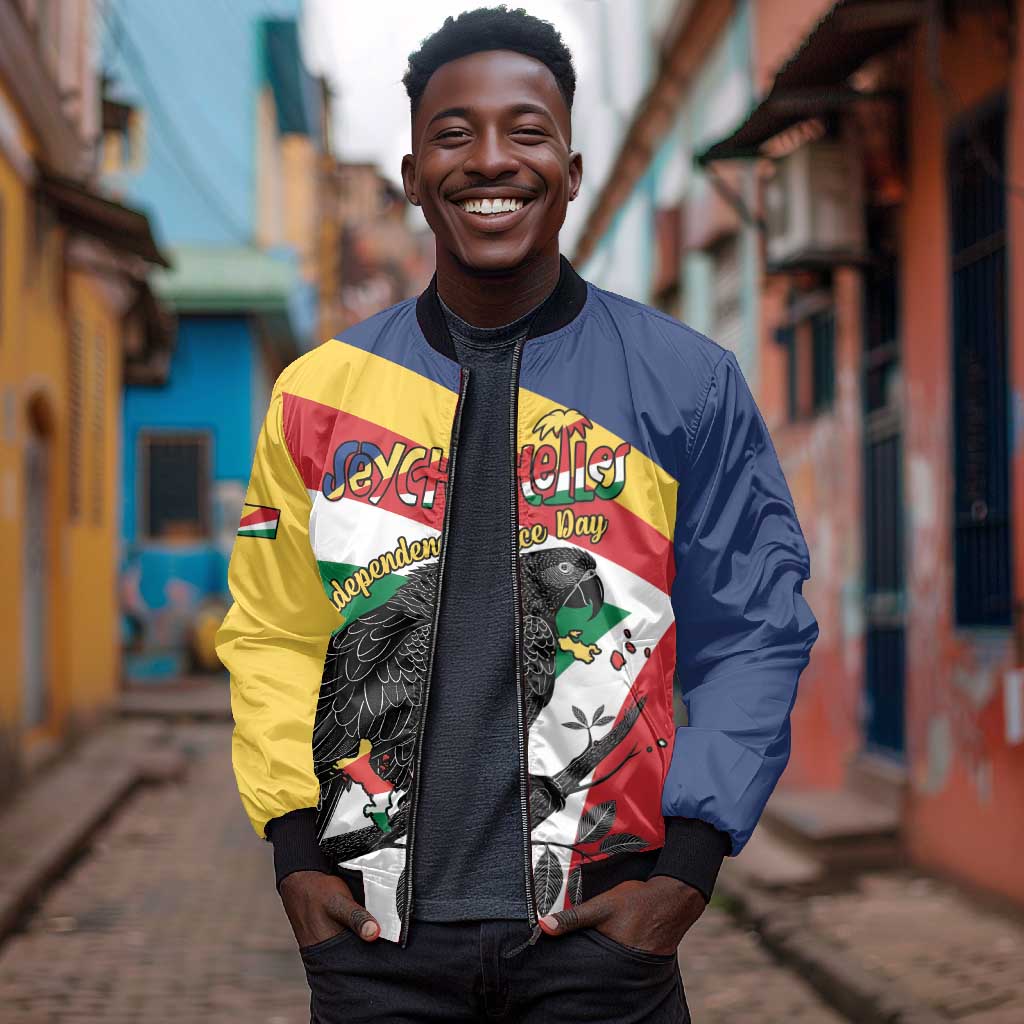 Personalized Happy Seychelles Independence Day Bomber Jacket Black Parrot Coat Of Arms