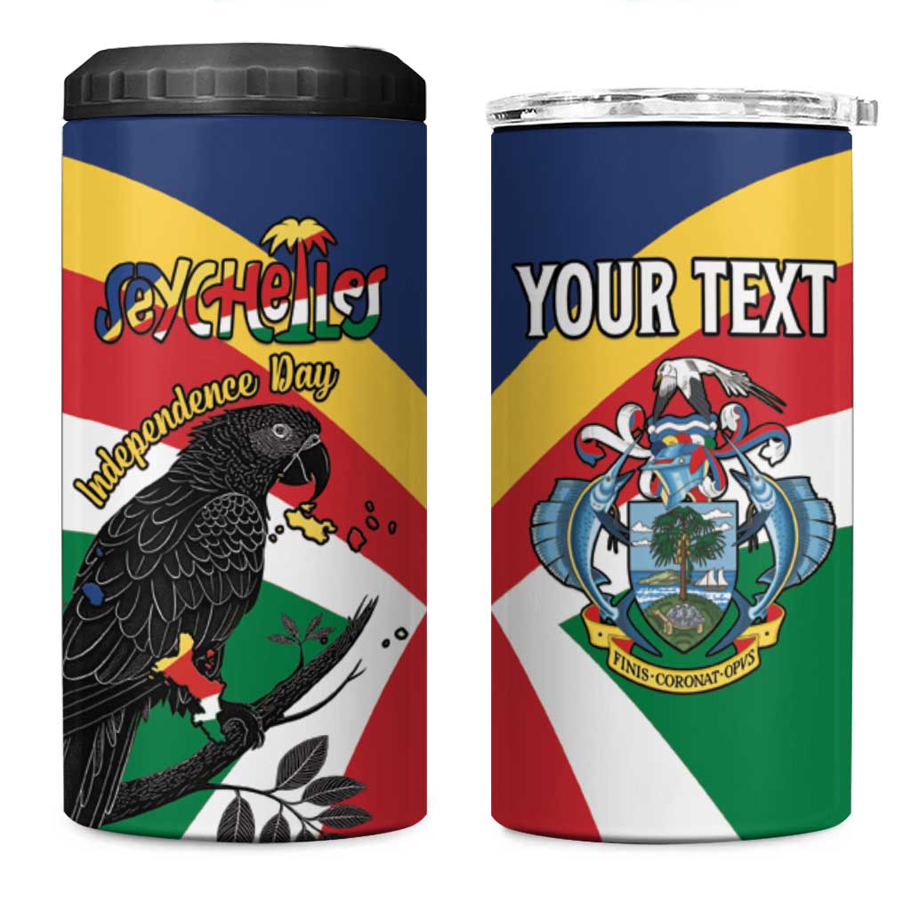 Personalized Happy Seychelles Independence Day 4 in 1 Can Cooler Tumbler Black Parrot Coat Of Arms