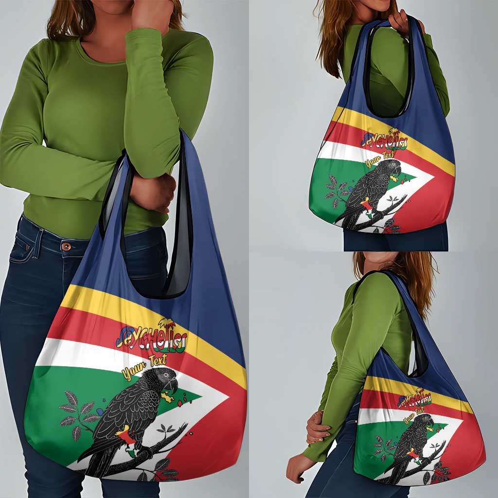 Personalized Happy Seychelles Independence Day Grocery Bag Black Parrot Coat Of Arms