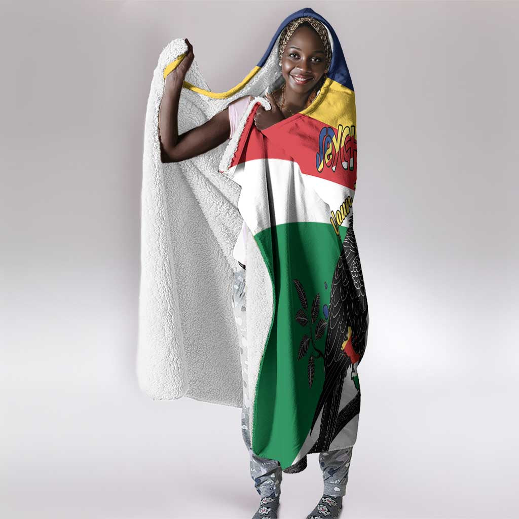 Personalized Happy Seychelles Independence Day Hooded Blanket Black Parrot Coat Of Arms