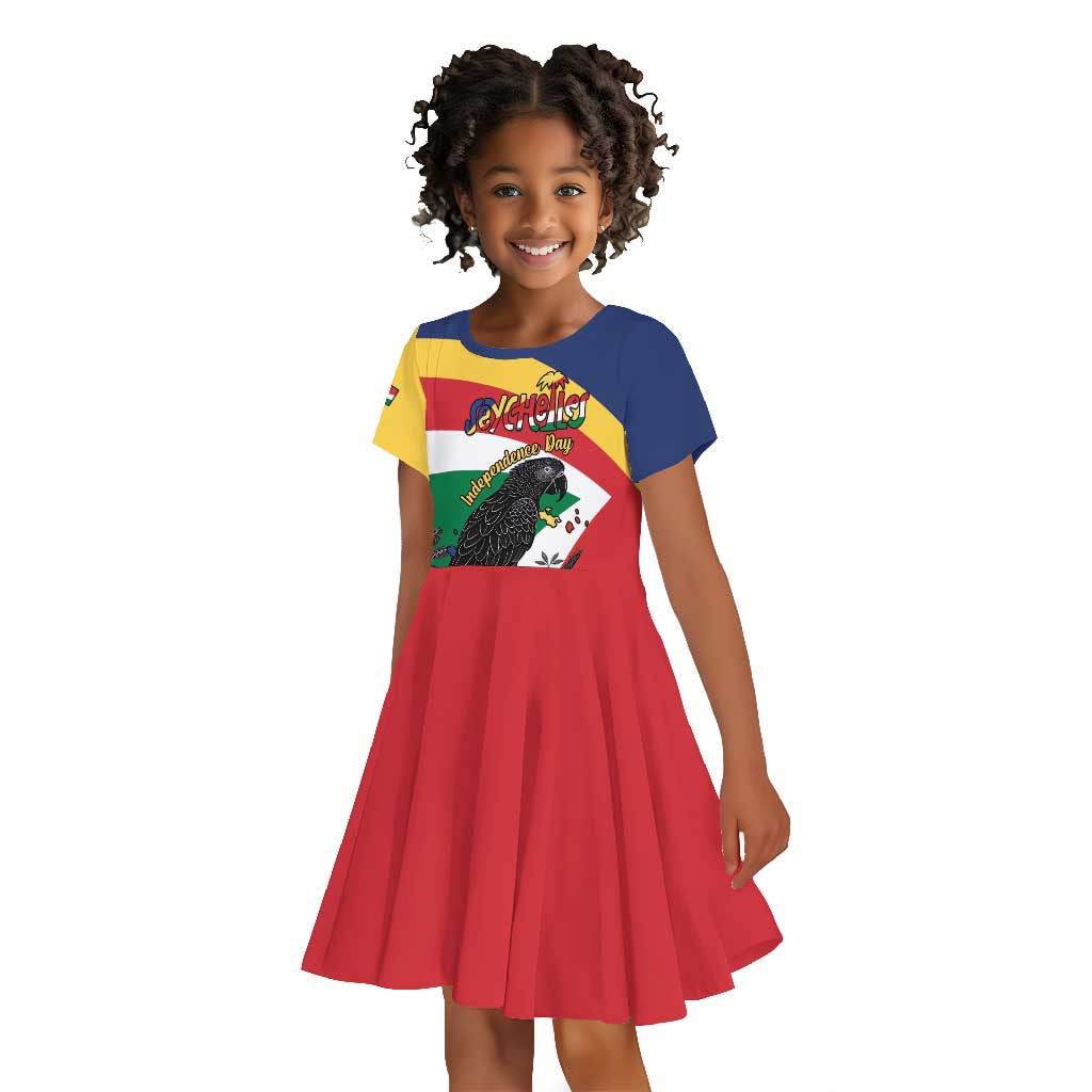 Personalized Happy Seychelles Independence Day Kid Short Sleeve Dress Black Parrot Coat Of Arms
