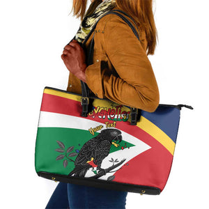 Personalized Happy Seychelles Independence Day Leather Tote Bag Black Parrot Coat Of Arms
