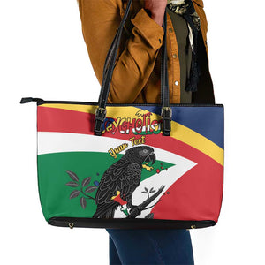 Personalized Happy Seychelles Independence Day Leather Tote Bag Black Parrot Coat Of Arms