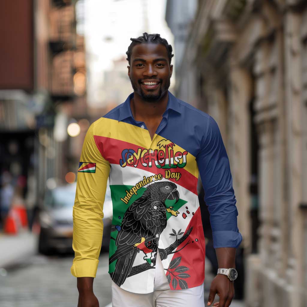 Personalized Happy Seychelles Independence Day Long Sleeve Button Shirt Black Parrot Coat Of Arms