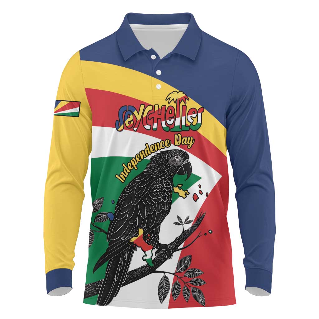 Personalized Happy Seychelles Independence Day Long Sleeve Polo Shirt Black Parrot Coat Of Arms