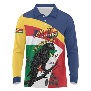 Personalized Happy Seychelles Independence Day Long Sleeve Polo Shirt Black Parrot Coat Of Arms