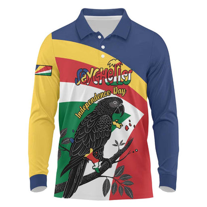 Personalized Happy Seychelles Independence Day Long Sleeve Polo Shirt Black Parrot Coat Of Arms