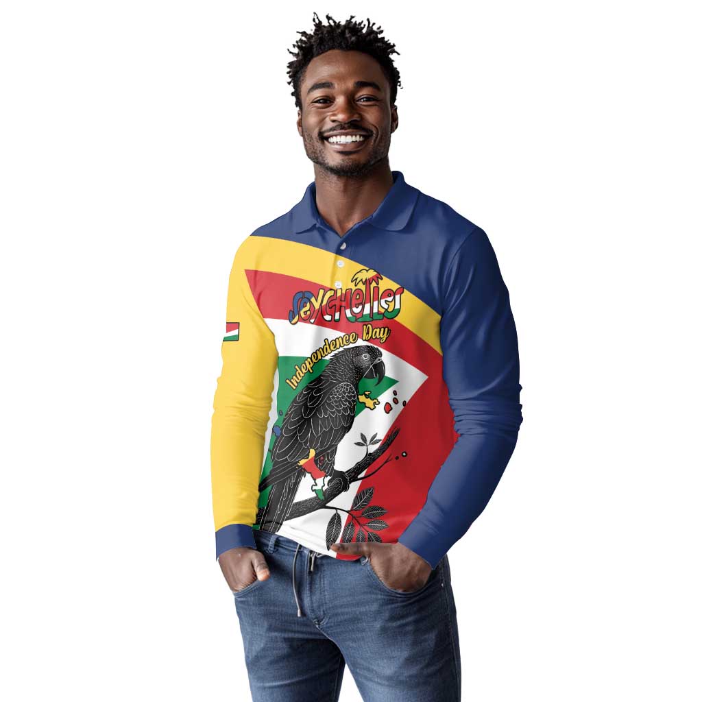 Personalized Happy Seychelles Independence Day Long Sleeve Polo Shirt Black Parrot Coat Of Arms