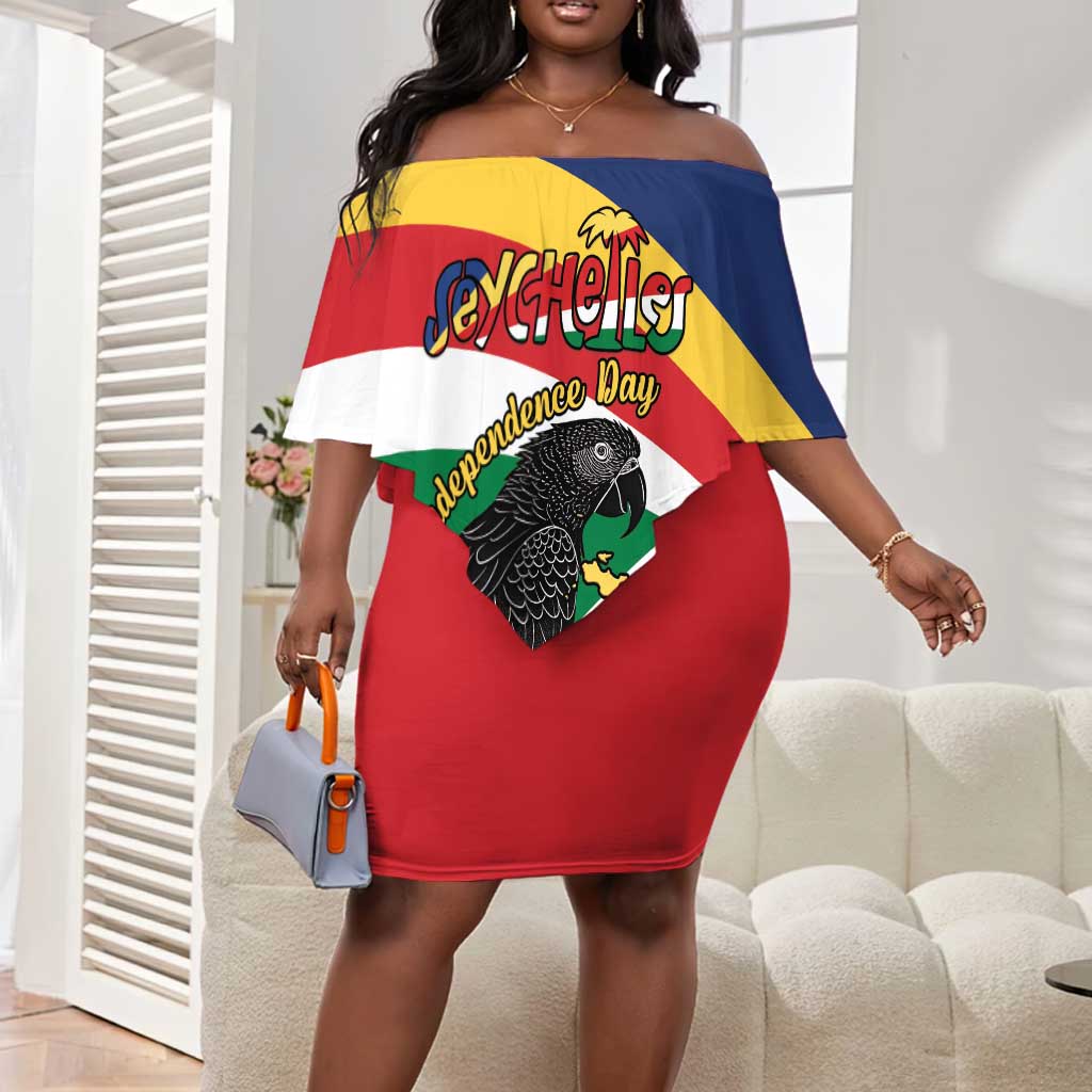Personalized Happy Seychelles Independence Day Off Shoulder Short Dress Black Parrot Coat Of Arms