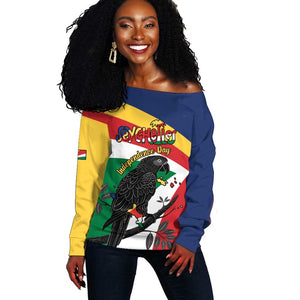 Personalized Happy Seychelles Independence Day Off Shoulder Sweater Black Parrot Coat Of Arms