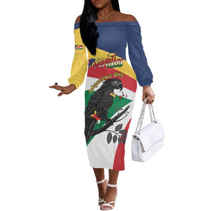 Personalized Happy Seychelles Independence Day Off The Shoulder Long Sleeve Dress Black Parrot Coat Of Arms