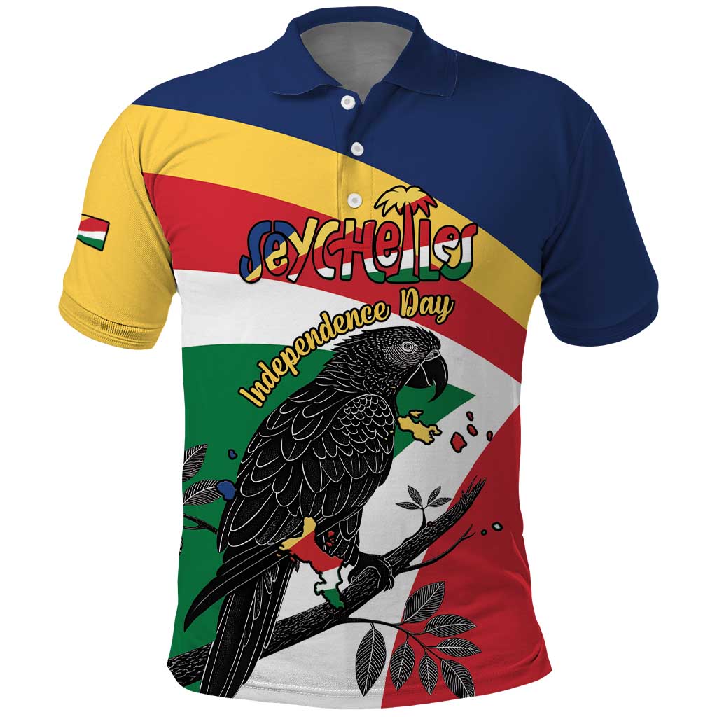 Personalized Happy Seychelles Independence Day Polo Shirt Black Parrot Coat Of Arms