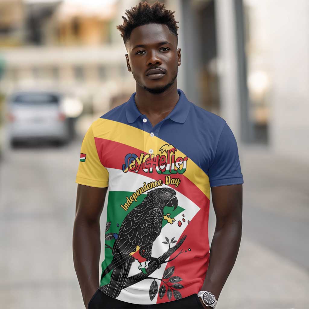 Personalized Happy Seychelles Independence Day Polo Shirt Black Parrot Coat Of Arms