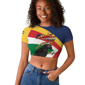 Personalized Happy Seychelles Independence Day Raglan Cropped T shirt Black Parrot Coat Of Arms