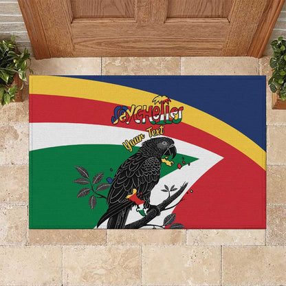 Personalized Happy Seychelles Independence Day Rubber Doormat Black Parrot Coat Of Arms