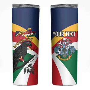 Personalized Happy Seychelles Independence Day Skinny Tumbler Black Parrot Coat Of Arms