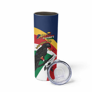 Personalized Happy Seychelles Independence Day Skinny Tumbler Black Parrot Coat Of Arms