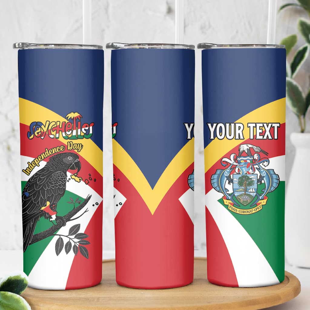 Personalized Happy Seychelles Independence Day Skinny Tumbler Black Parrot Coat Of Arms