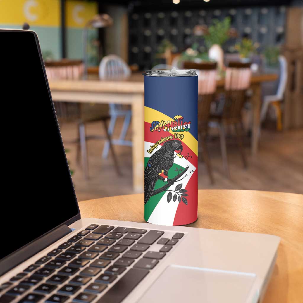 Personalized Happy Seychelles Independence Day Skinny Tumbler Black Parrot Coat Of Arms