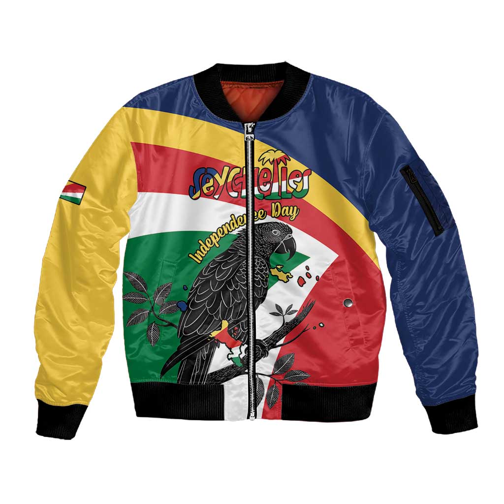 Personalized Happy Seychelles Independence Day Sleeve Zip Bomber Jacket Black Parrot Coat Of Arms