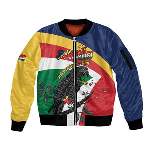 Personalized Happy Seychelles Independence Day Sleeve Zip Bomber Jacket Black Parrot Coat Of Arms