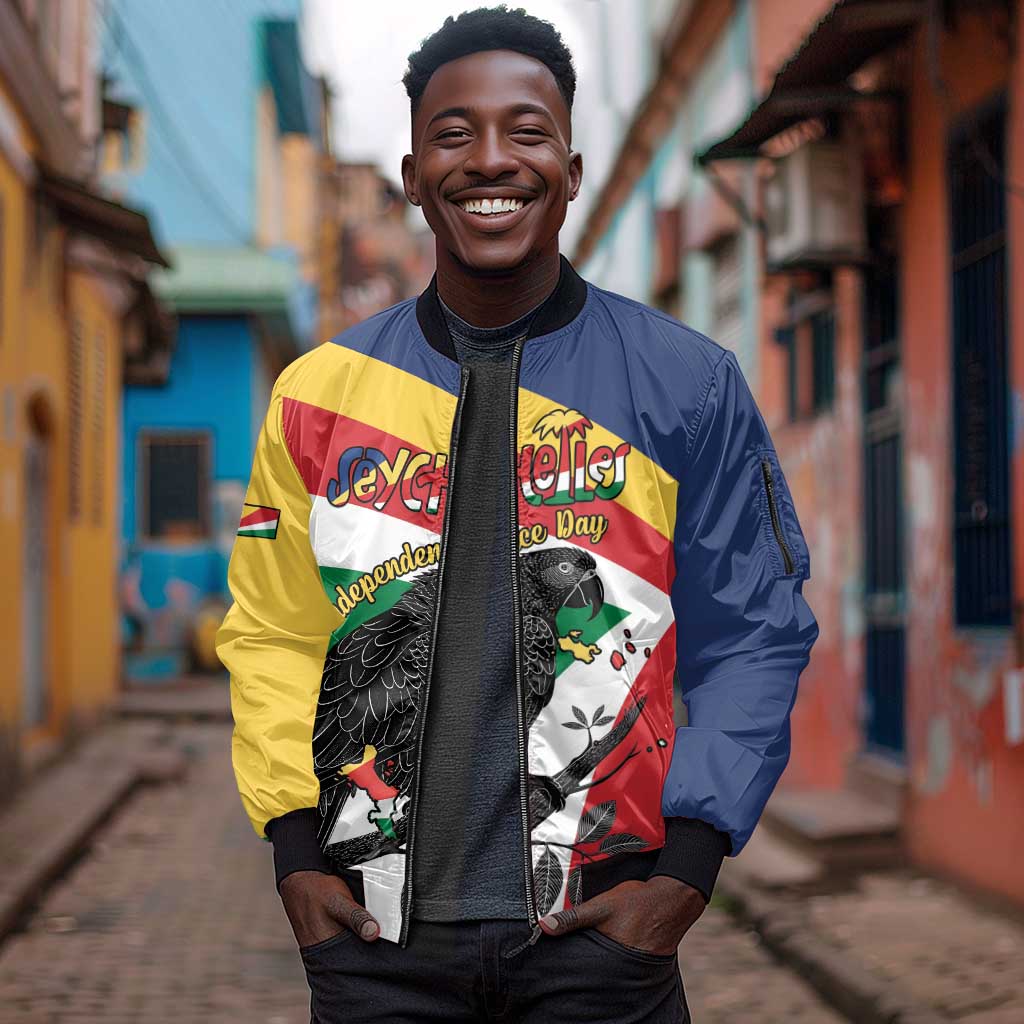 Personalized Happy Seychelles Independence Day Sleeve Zip Bomber Jacket Black Parrot Coat Of Arms