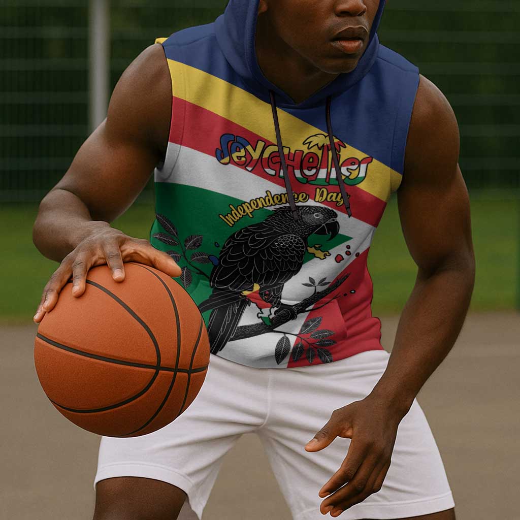 Personalized Happy Seychelles Independence Day Sleeveless Hoodie Black Parrot Coat Of Arms - African Pride