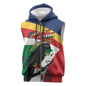 Personalized Happy Seychelles Independence Day Sleeveless Zip Hoodie Black Parrot Coat Of Arms - African Pride