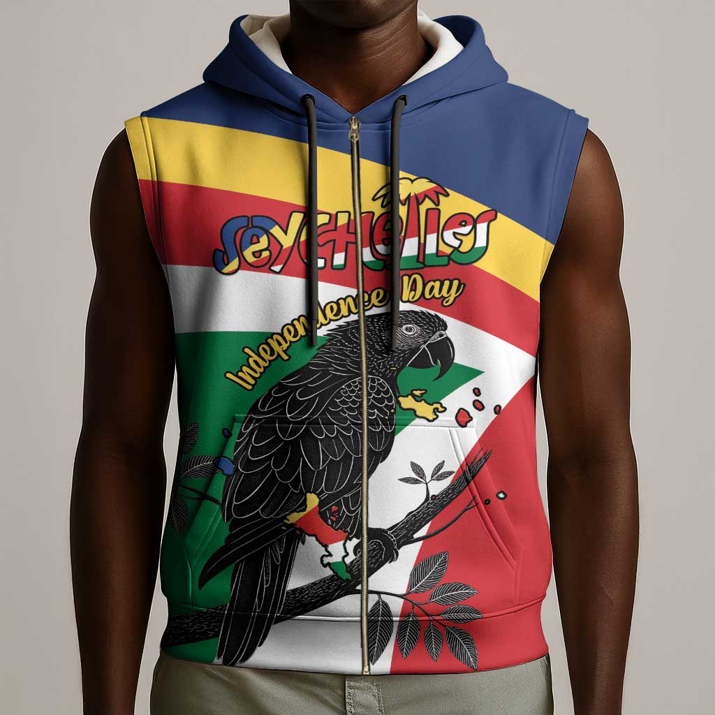 Personalized Happy Seychelles Independence Day Sleeveless Zip Hoodie Black Parrot Coat Of Arms - African Pride