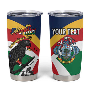 Personalized Happy Seychelles Independence Day Tumbler Cup Black Parrot Coat Of Arms
