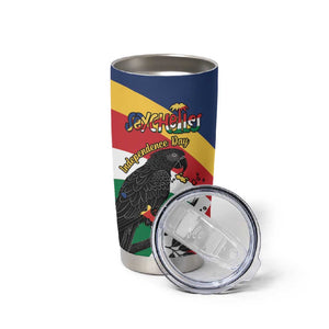 Personalized Happy Seychelles Independence Day Tumbler Cup Black Parrot Coat Of Arms