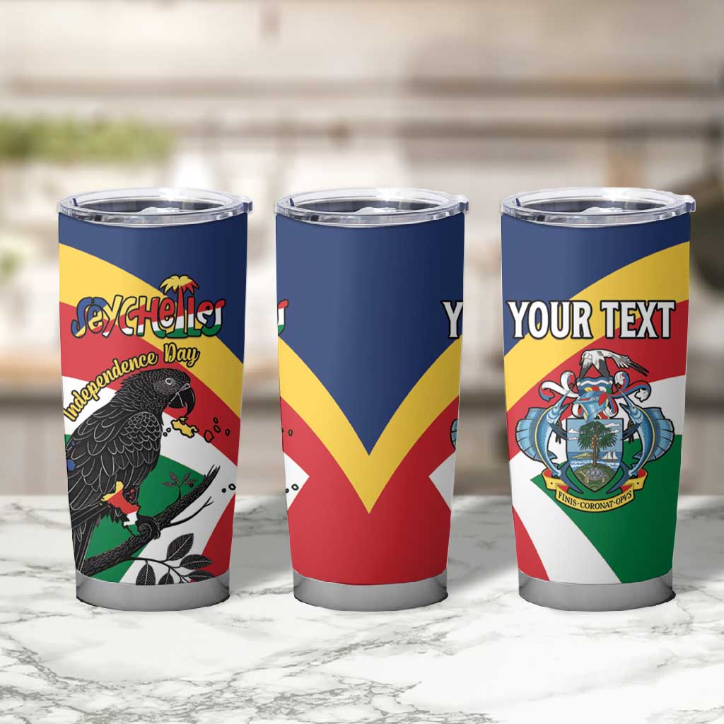 Personalized Happy Seychelles Independence Day Tumbler Cup Black Parrot Coat Of Arms