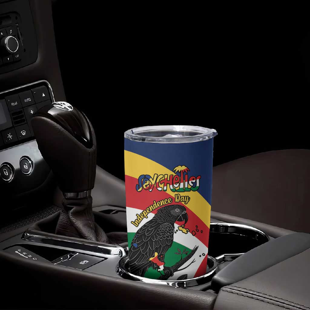 Personalized Happy Seychelles Independence Day Tumbler Cup Black Parrot Coat Of Arms