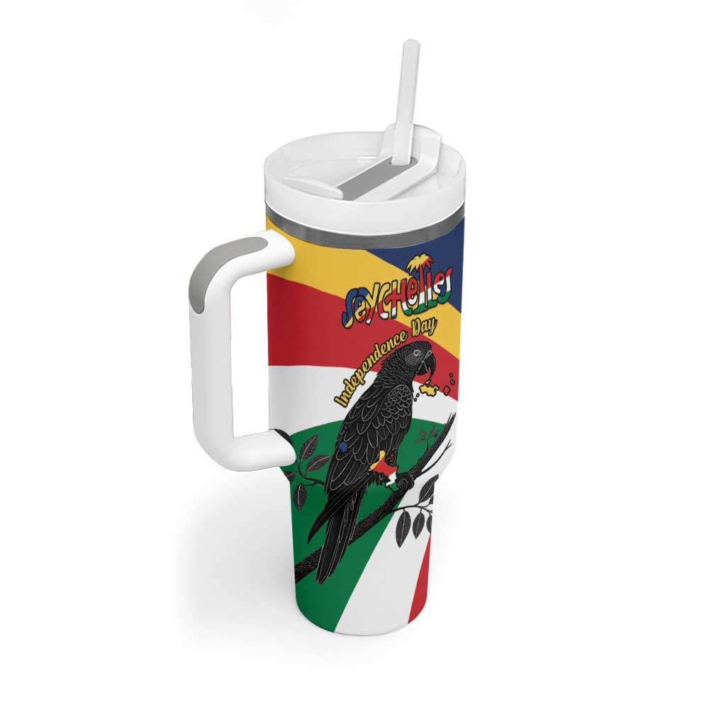 Personalized Happy Seychelles Independence Day Tumbler With Handle Black Parrot Coat Of Arms