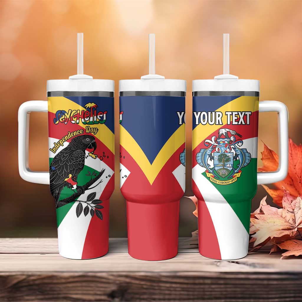 Personalized Happy Seychelles Independence Day Tumbler With Handle Black Parrot Coat Of Arms