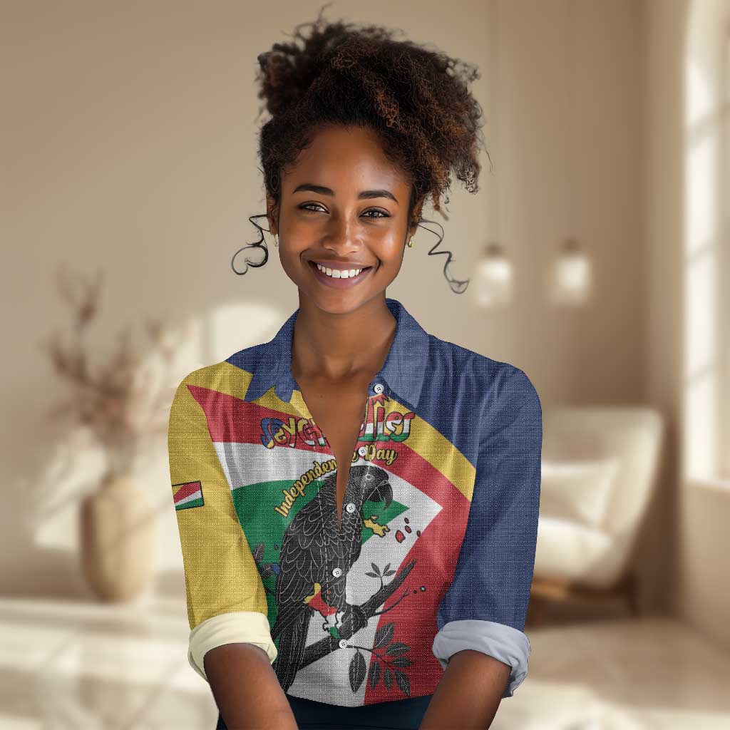 Personalized Happy Seychelles Independence Day Women Casual Shirt Black Parrot Coat Of Arms