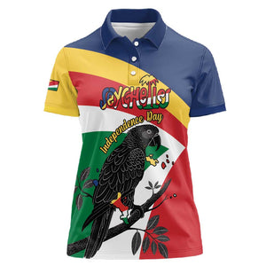 Personalized Happy Seychelles Independence Day Women Polo Shirt Black Parrot Coat Of Arms