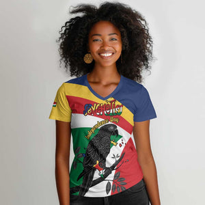 Personalized Happy Seychelles Independence Day Women V-Neck T-Shirt Black Parrot Coat Of Arms