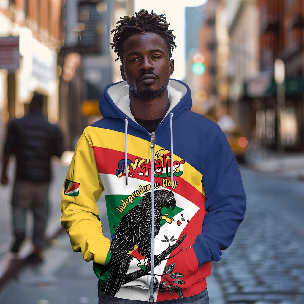 Personalized Happy Seychelles Independence Day Zip Hoodie Black Parrot Coat Of Arms